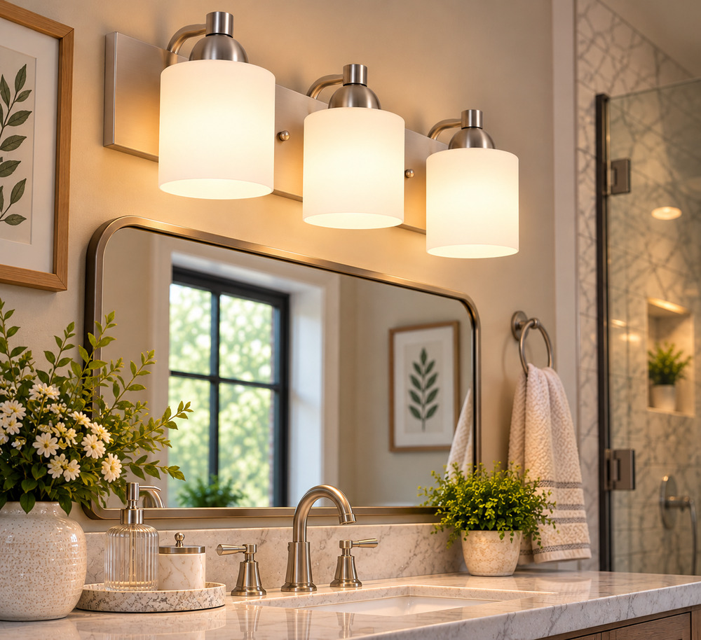 3-Light Brushed Nickel Bathroom Vanity Light – Frosted Milk Glass Shades